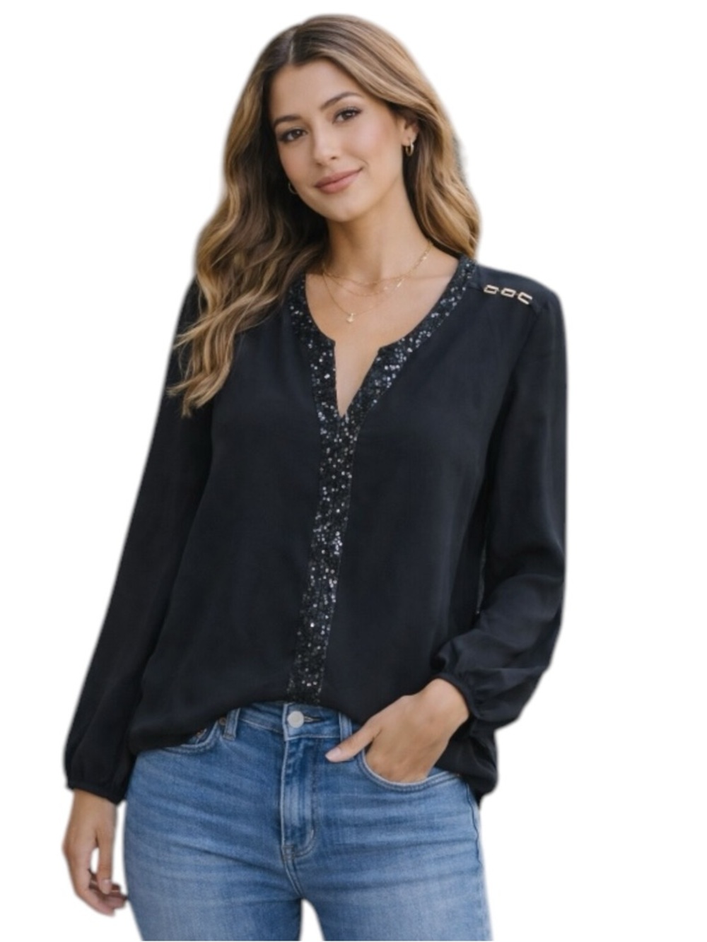 Collective Concepts Black Sequin Trim V-Neck Blouse Long Sleeve Size XS